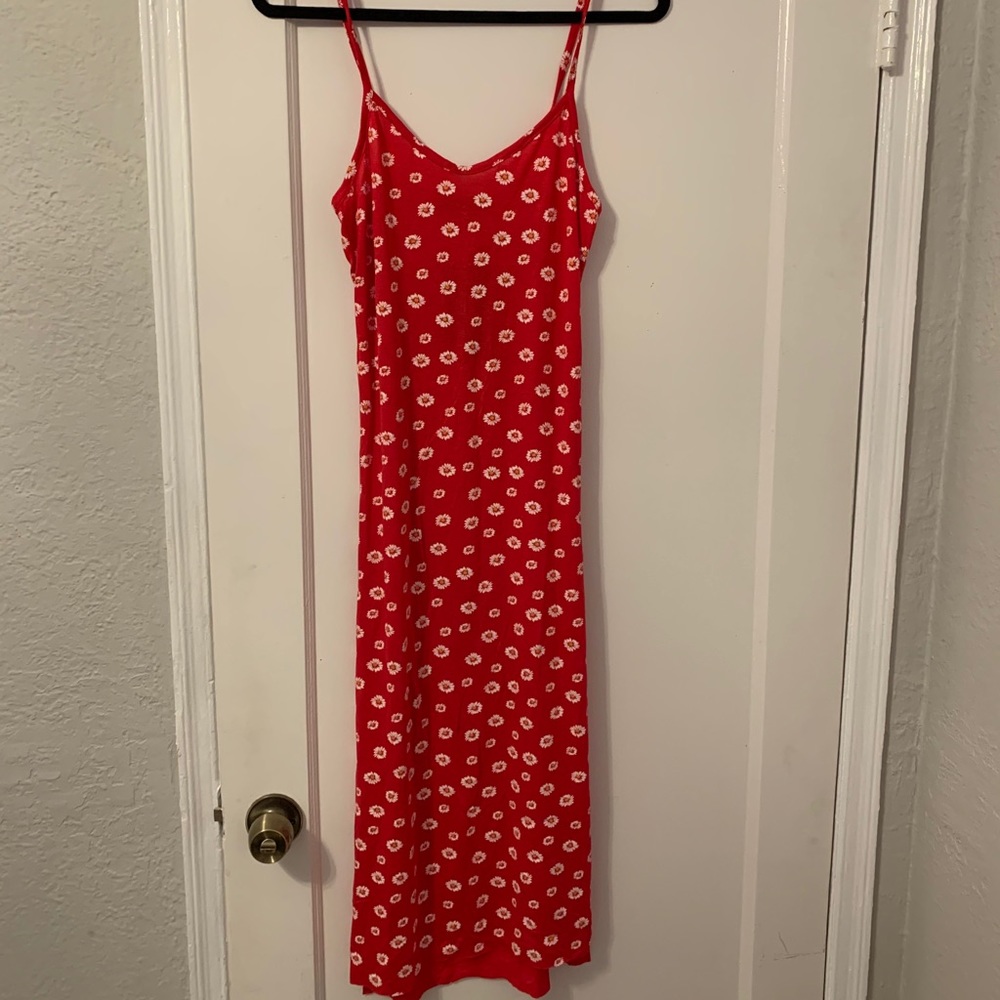 Red Floral Print Jersey Split Cami Midi Dress
